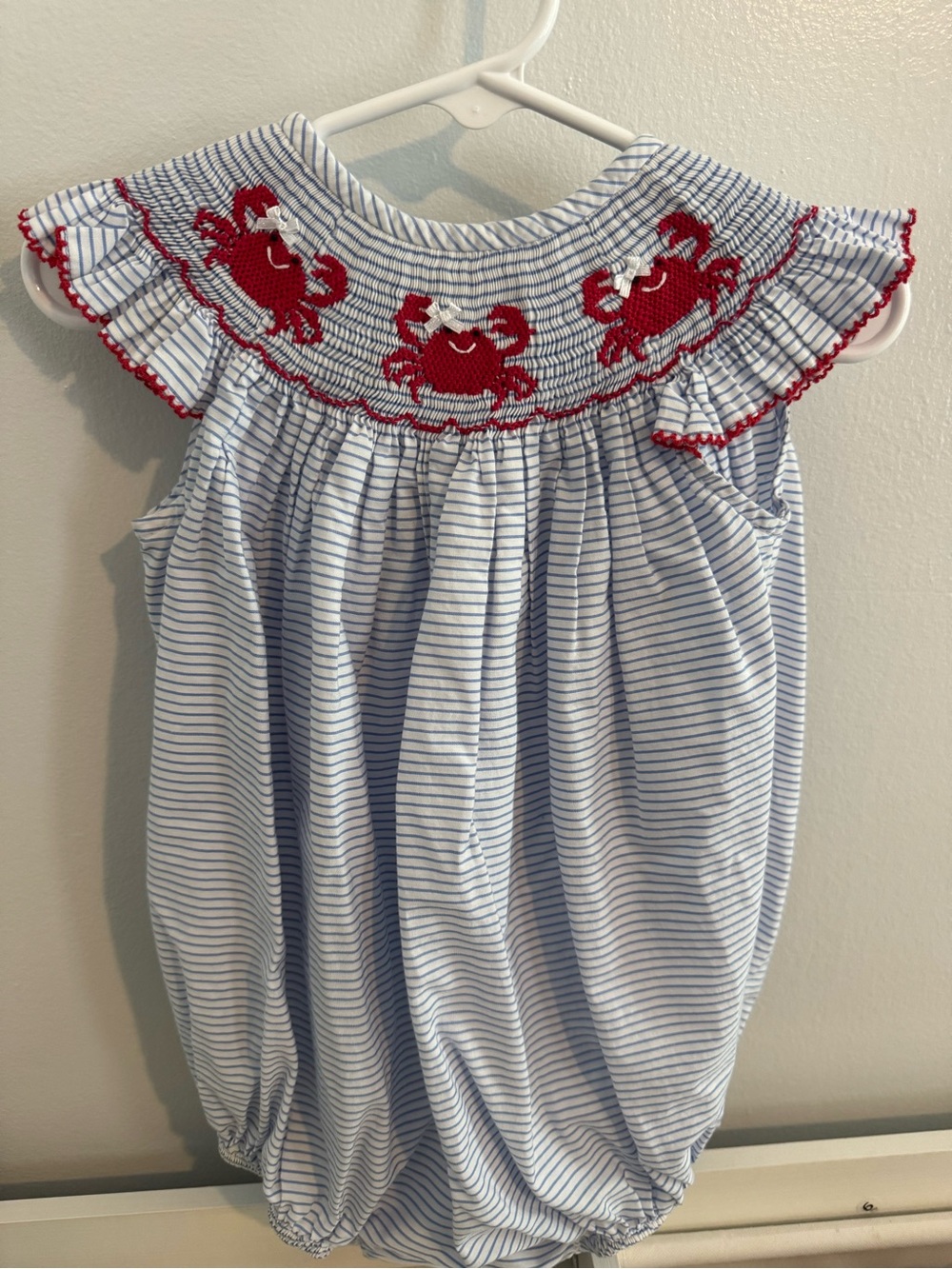 Smocked Crab Blue Stripe Baby One-Piece Bodysuit